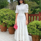 Women Stand Collar Short Puff Sleeve High Waist Patchwork Lace Long Dresses,White Prom Dress Y5478