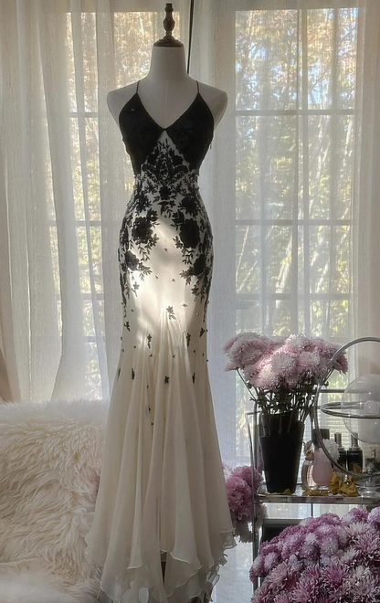 Classy Ivory Mermaid Spaghetti Strap Chiffon Appliques Beaded Prom Dress Evening Dress Y8782