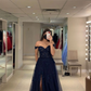 Off The Shoulder Navy Evening Dress With Split,Navy Blue Graduation Dress Y6781