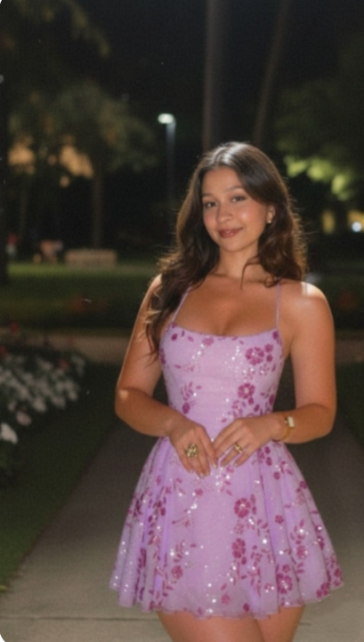 Sexy Spaghetti Straps Purple Tulle Sequin Floral A Line Short Cocktail Dress Homecoming Dress SP2405