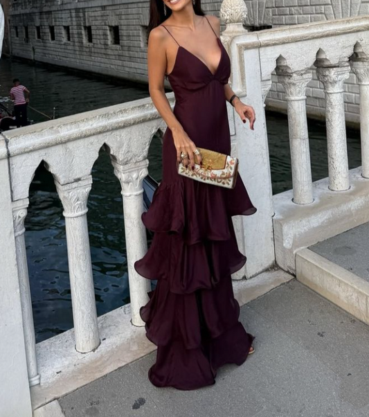 Classy Spaghetti Straps Burgundy Satin Layered Mermaid Evening Dress Long Wedding Guest Dress SP1304