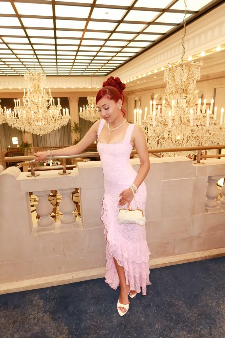 Classy Pink Lace Slit Ruffle Long Prom Dress Party Gown SP3730
