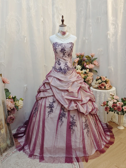Chic Strapless Ball Gown Purple Tulle Appliques Pleated Quinceanera Dress Sweet 15 Dress SP2259