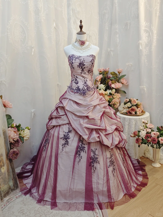 Chic Strapless Ball Gown Purple Tulle Appliques Pleated Quinceanera Dress Sweet 15 Dress SP2259