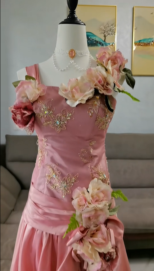 Beautiful Peach Pink Embroidered Floral Satin A Line Long Party Dress Birthday Dress With 3D Flowers SP2329