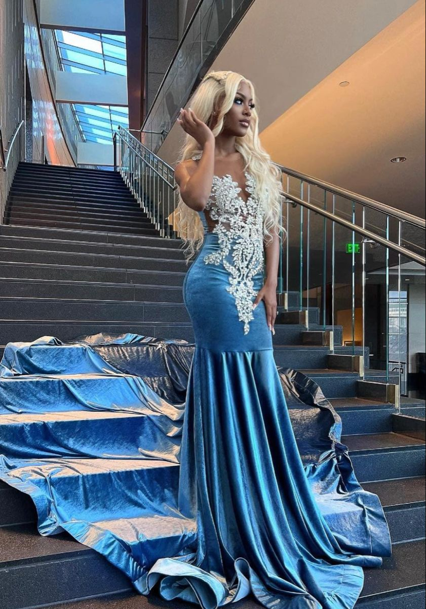 Baby Blue Mermaid Lace African Prom Dress Evening Dress Y4253