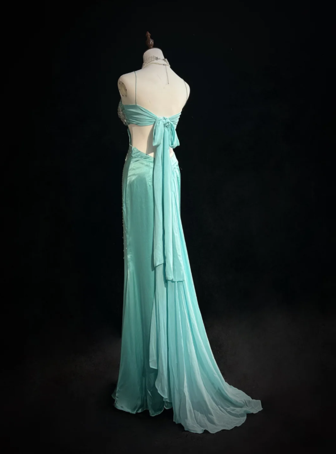 Gorgeous Green Spaghetti Straps Satin Beaded Mermaid Party Dress Backless Long Prom Gown SP1283