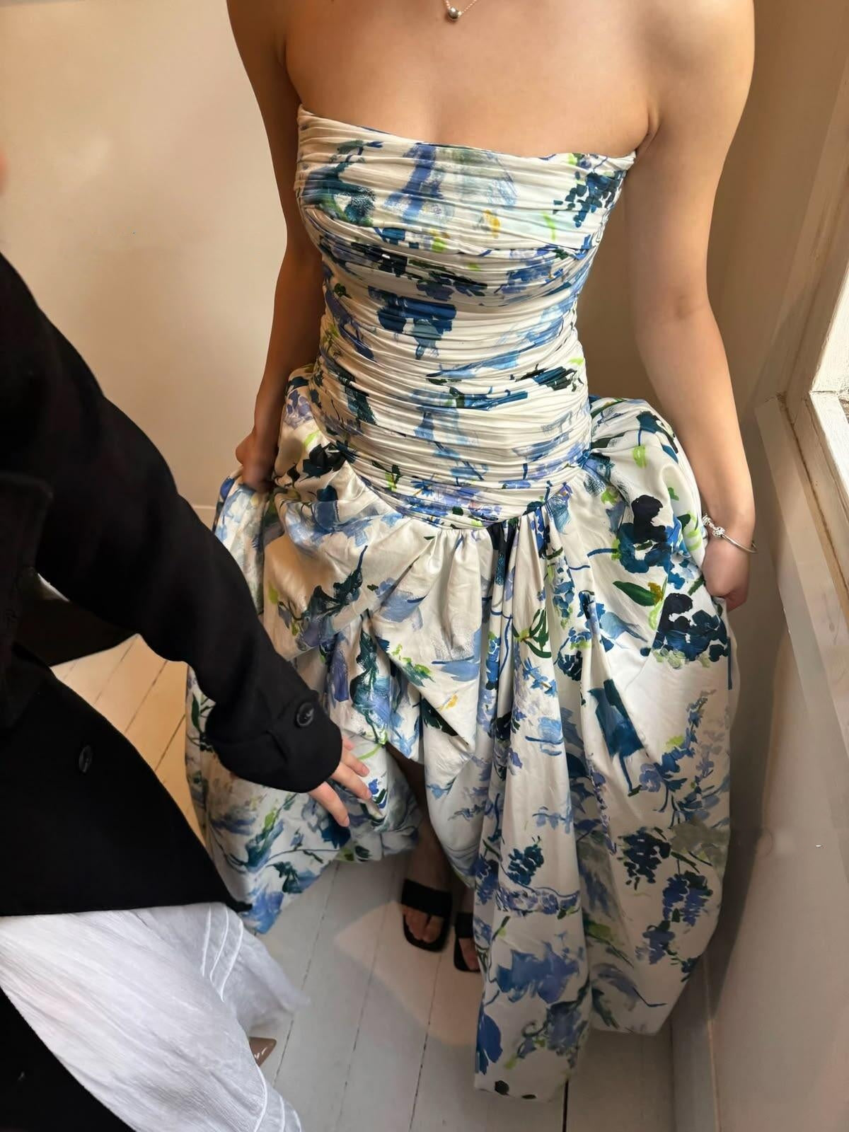 Pretty Strapless Blue Satin Print Floral Pleated Long Party Dress Prom Dress SP4018