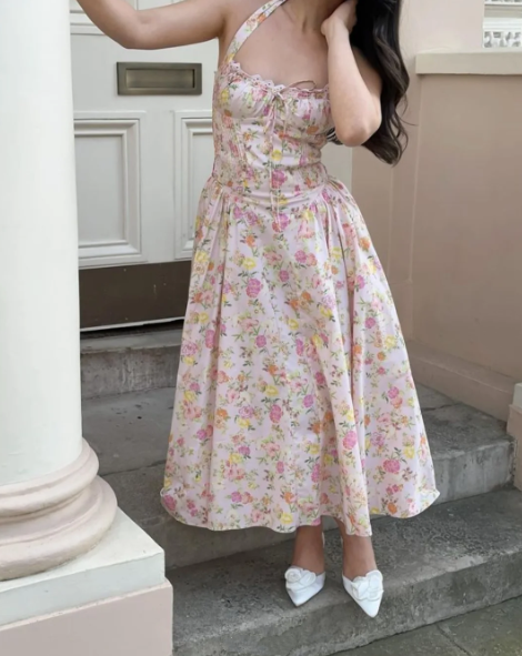 Charming Halter Pink Satin Print Floral A Line Long Party Dress Birthday Prom Dresses SP1159