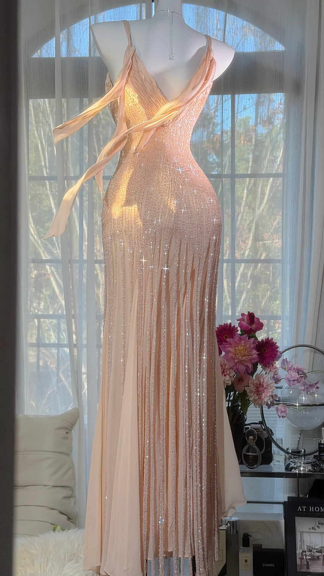 Glitter Spaghetti Straps Chiffon Beaded Mermaid Long Evening Dress Birthday Prom Dresses SP2189