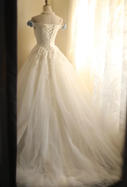 Pretty Off The Shoulder White Tulle Sequin Appliques Long Wedding Dress SP1245