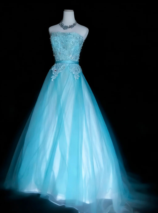 Sweet Strapless Ice Blue Tulle Appliques Beaded Long Birthday Prom Dress Evening Dress SP1848
