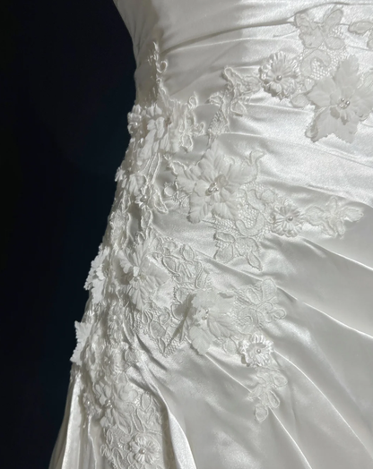 Pretty White One Shoulder Satin Pleated Appliques Mermaid Long Wedding Dress SP1284