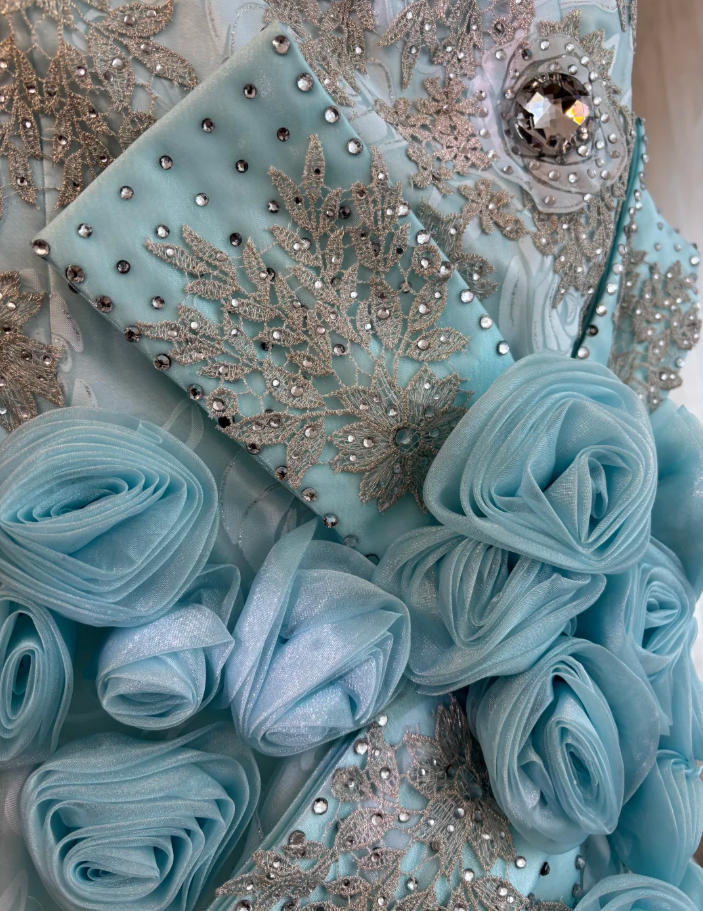 Charming Spaghetti Straps Tulle Rose Floral Mermaid Prom Dress, Blue Appliques Beaded Long Birthday Party Dress SP1464