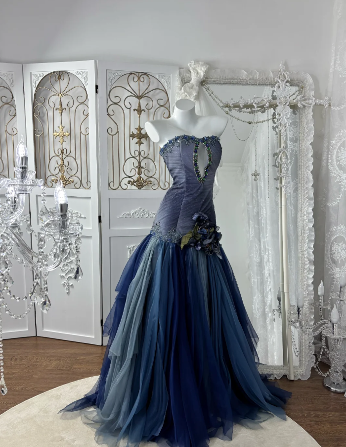 Shiny Strapless Navy Blue Tulle Sequin Beaded Mermaid Party Dress Long Wedding Guest Dress SP1442