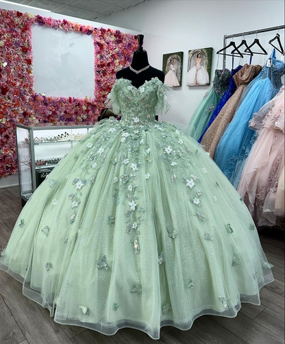 sage green quinceaera dress Cheap 3D Flowers Plus Size Sage Green Quinceanera Dresses