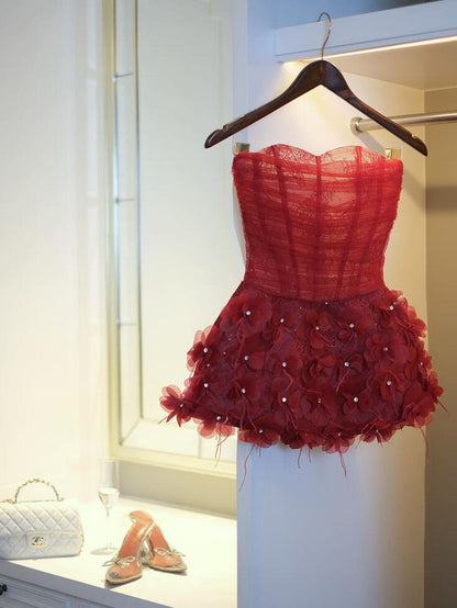 Elegant Sweetheart Neck Burgundy Lace Tulle Floral Short 6th Grade Homecoming Dress Birthday Outfits SP2417