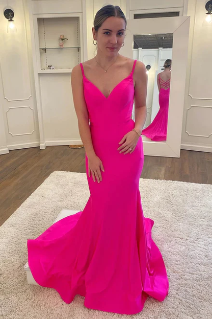 Long Fuchsia Mermaid Spaghetti Straps Prom Dresses Y4165