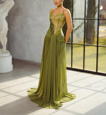 Vintage Halter Olive Green Lace Chiffon Beaded A Line Long Party Dress Formal Wedding Guest Dress SP2445