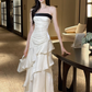 Charming Spaghetti Straps Satin Pleated Ruffles Mermaid Long Party Dress Birthday Prom Dress SP2009
