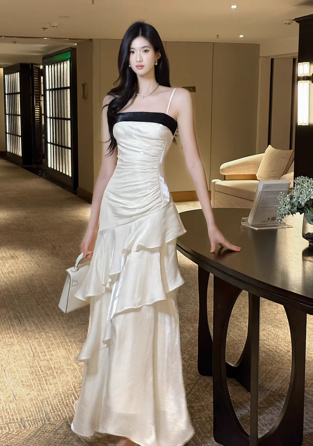 Charming Spaghetti Straps Satin Pleated Ruffles Mermaid Long Party Dress Birthday Prom Dress SP2009