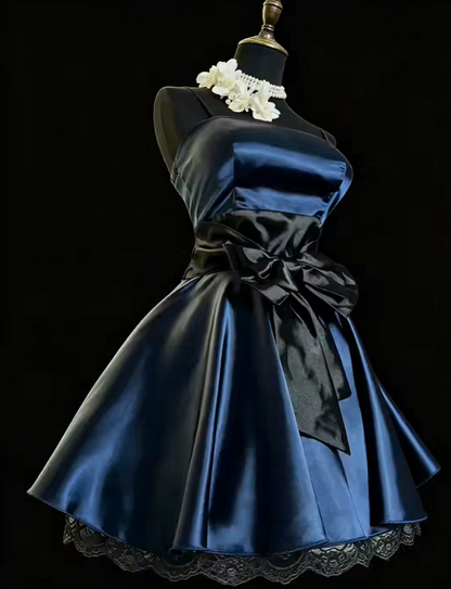 Vintage Spaghetti Straps Navy Blue Satin Lace A Line Short 6th Grade Homecoming Dress,Formal Birthday Outfits With Bow SP2770