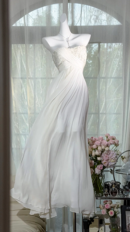 Pretty Strapless White Chiffon A Line Long Wedding Guest Dress Formal Evening Gowns SP2180