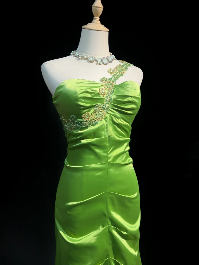 Pretty Green One Shoulder Satin Beaded Mermaid Evening Dress Long Wedding Guest Dress SP1972