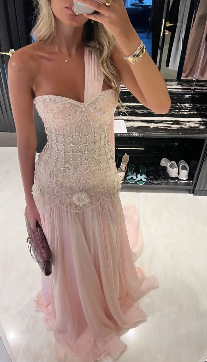 Gorgeous Pink One Shoulder Chiffon Beaded Appliques Mermaid Prom Dress Long Party Dress SP540