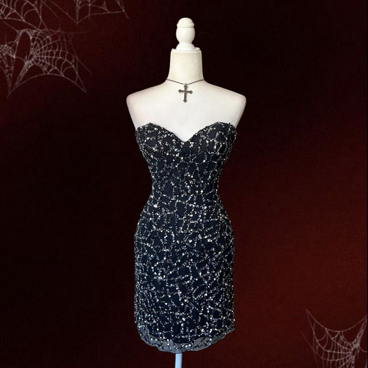 Vintage Strapless Black Sequin Sheath Cocktail Dress Short Homecoming Dress SP59