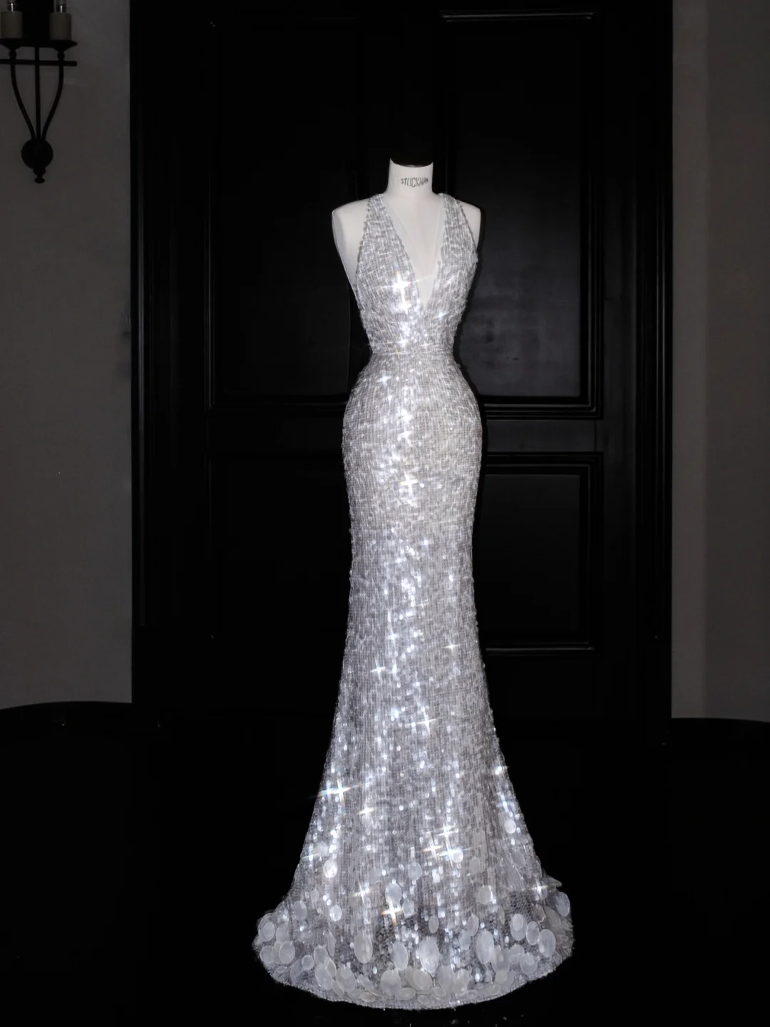 Sexy V Neck Silver Sequins Backless Mermaid Prom Dress Evening Dress  Y8680