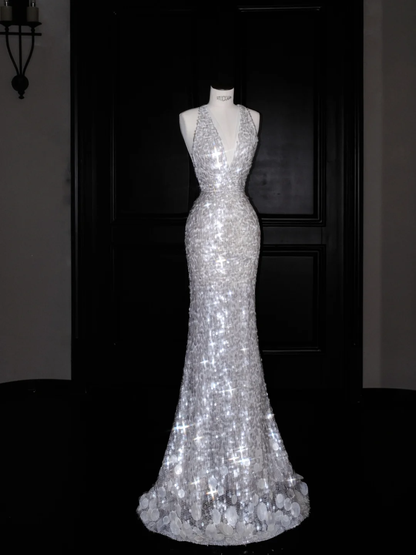 Sexy V Neck Silver Sequins Backless Mermaid Prom Dress Evening Dress  Y8680