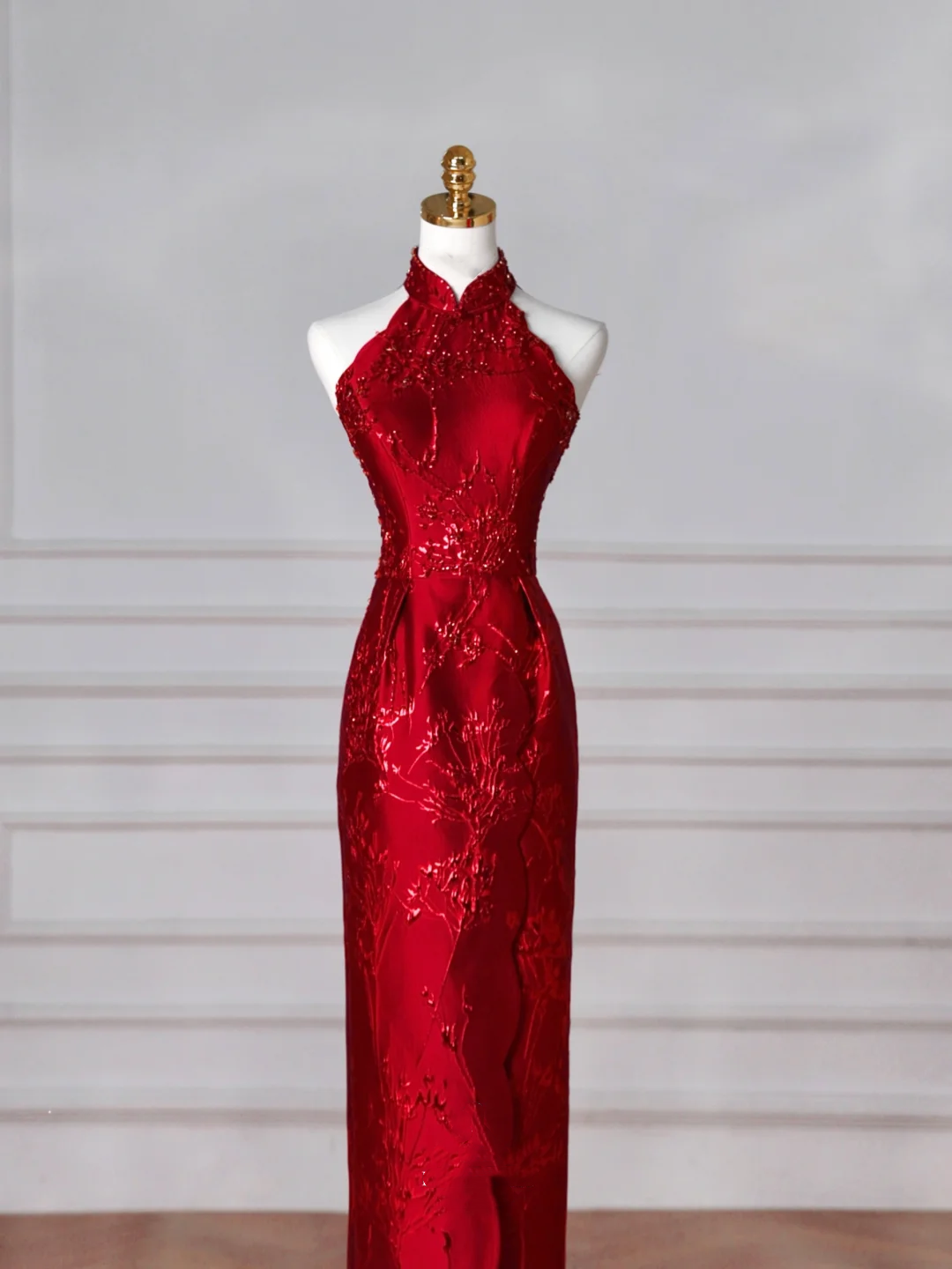 Gorgeous Red Satin Beaded Sheath Slit Prom Dress Formal Evening Dress Y8642