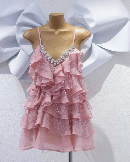 Charming Spaghetti Straps Chiffon Sequin Beaded Layered Short Birthday Dress,Pink Homecoming Dress SP2656