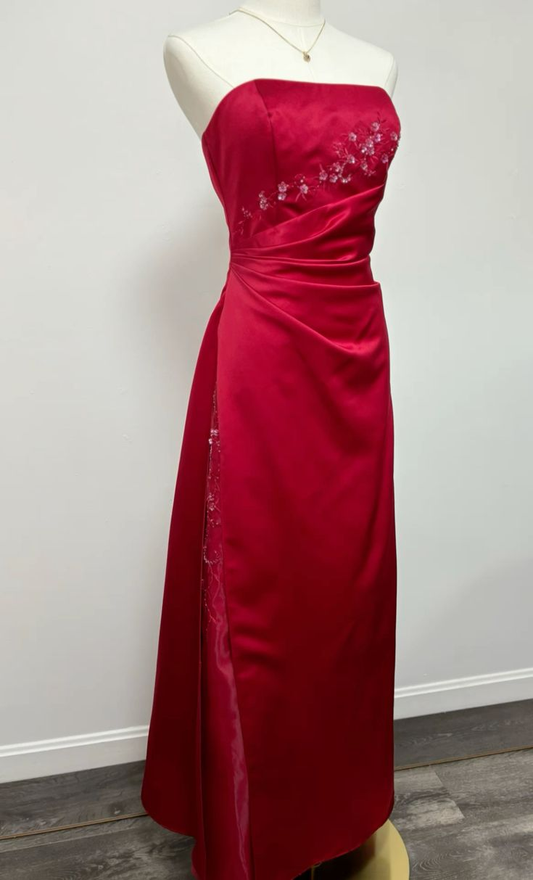 Charming Strapless Red Satin Floral A Line Long Birthday Dress Party Dress SP2250