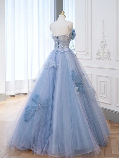 A-Line Blue Tulle Long Prom Dress, Blue Tulle Formal Dress Y6774