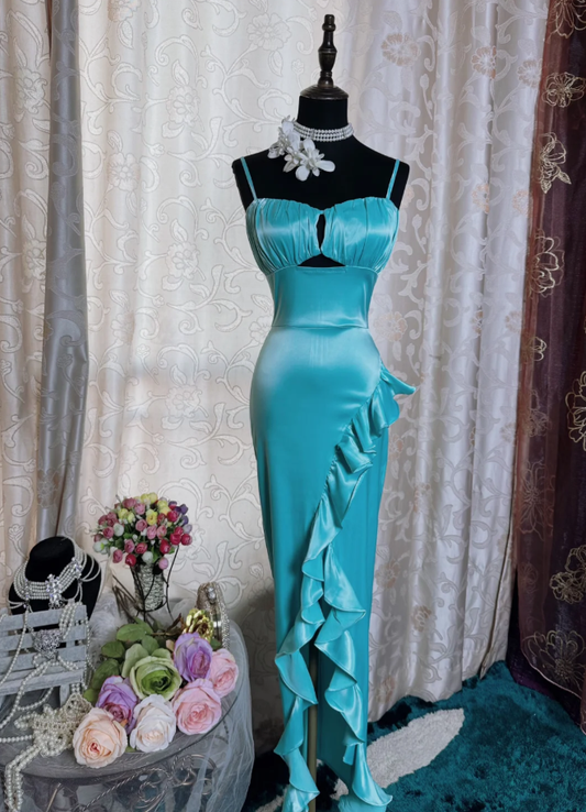 Sexy Spaghetti Straps Blue Satin Ruffles Slit Long Party Dress Formal Wedding Guest Dress SP1944