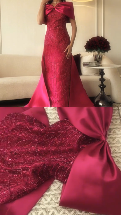Gorgeous Hot Pink Bow Off The Shoulder Satin Sequin Beaded Long Evening Dress Prom Dresses SP732