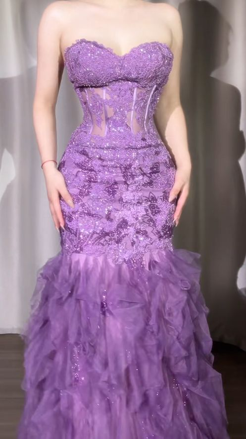 Glamorous Strapless Purple Tulle Lace Sequin Mermaid Evening Dress Long Birthday Party Dress SP1682
