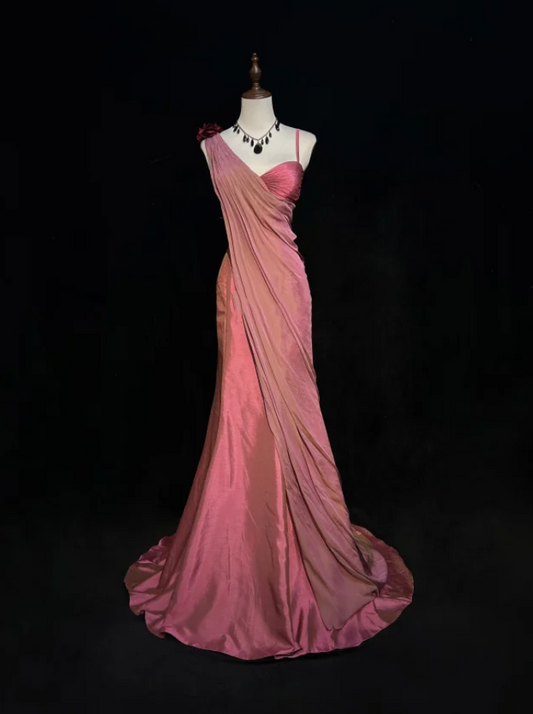 Pretty Spaghetti Straps Pink Neck Satin Pleated Mermaid Long Wedding Guest Dress Party Gown SP1282