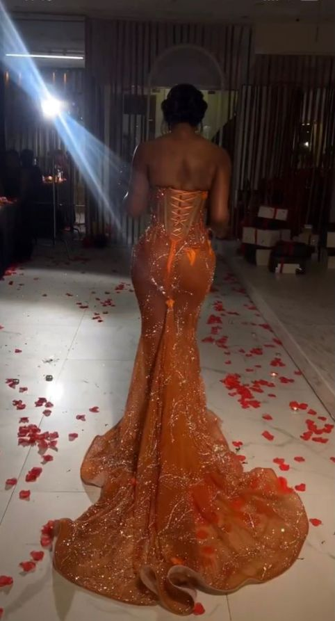 Gorgeous Orange Beaded Applique Mermaid Evening Dress Long Prom Dress Y6693