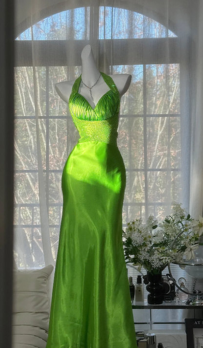 Pretty Green Halter Satin Backless Mermaid Long Evening Dress Birthday Prom Dress SP1667