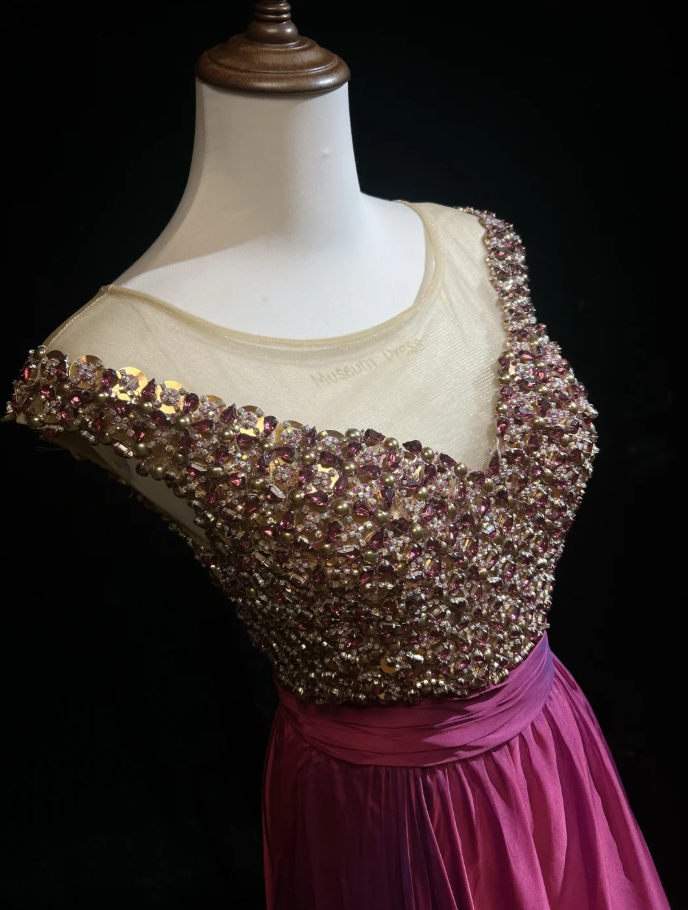 Luxurious Sleeveless Fuchsia Satin Beaded Long Party Dress Formal Evening Dress SP1861