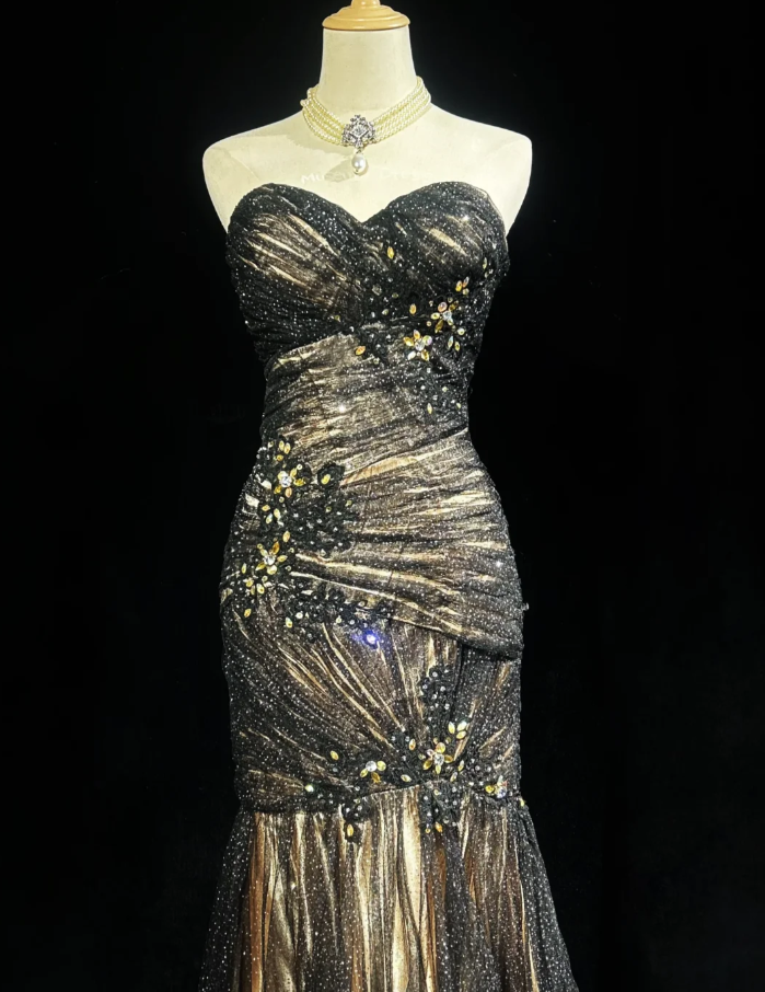 Glitter Strapless Tulle Appliques Beaded Mermaid Long Evening Dress Birthday Prom Dresses SP1791