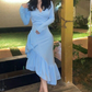 Mermaid Light Blue Women's Prom Dresses V Neck Long Sleeves Formal Occasion Dress Temperament Evening Dress Y4764