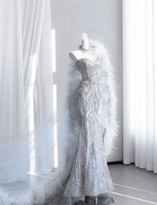 Gorgeous Strapless Tulle Sequin Beaded Mermaid Long Party Dress Evening Dress SP1515