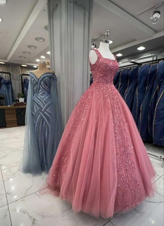 Charming Square Tulle Sequin Beaded Ball Gown Pink Birthday Quinceanera Dress Sweet 16 Dress SP2203