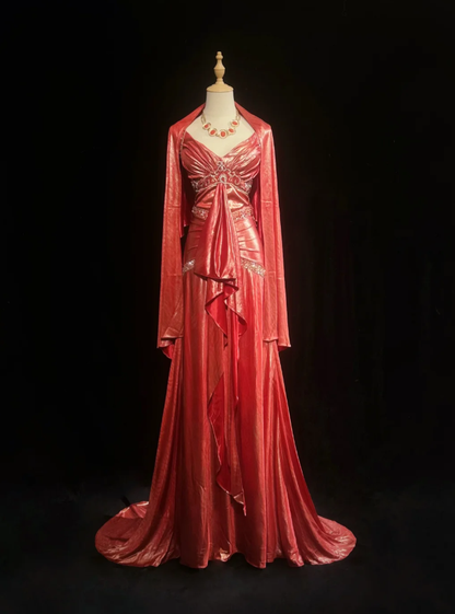 Unique Pink V Neck Satin Beaded Mermaid Long Prom Dress Evening Dress Formal Wedding Guest Dress SP1389