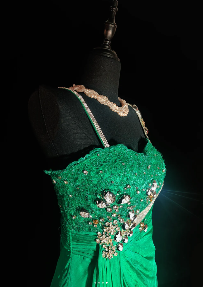 Chic Green Spaghetti Straps Satin Beaded Pleated Mermaid Long Prom Gown Evening Dress SP438