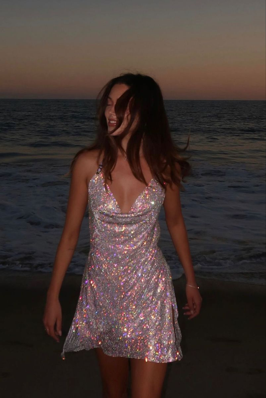 Glitter Silver Sequin Side Slit Short Birthday Outfits Formal 8th Grade Homecoming Dress Y9438